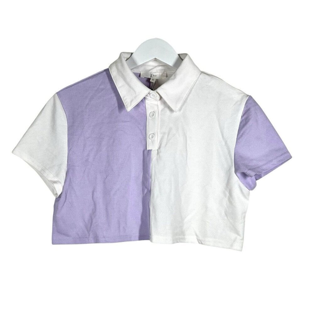 Klesis Cropped Polo Top Size S‎ Purple White Collared 1/4 Button Sporty NWT